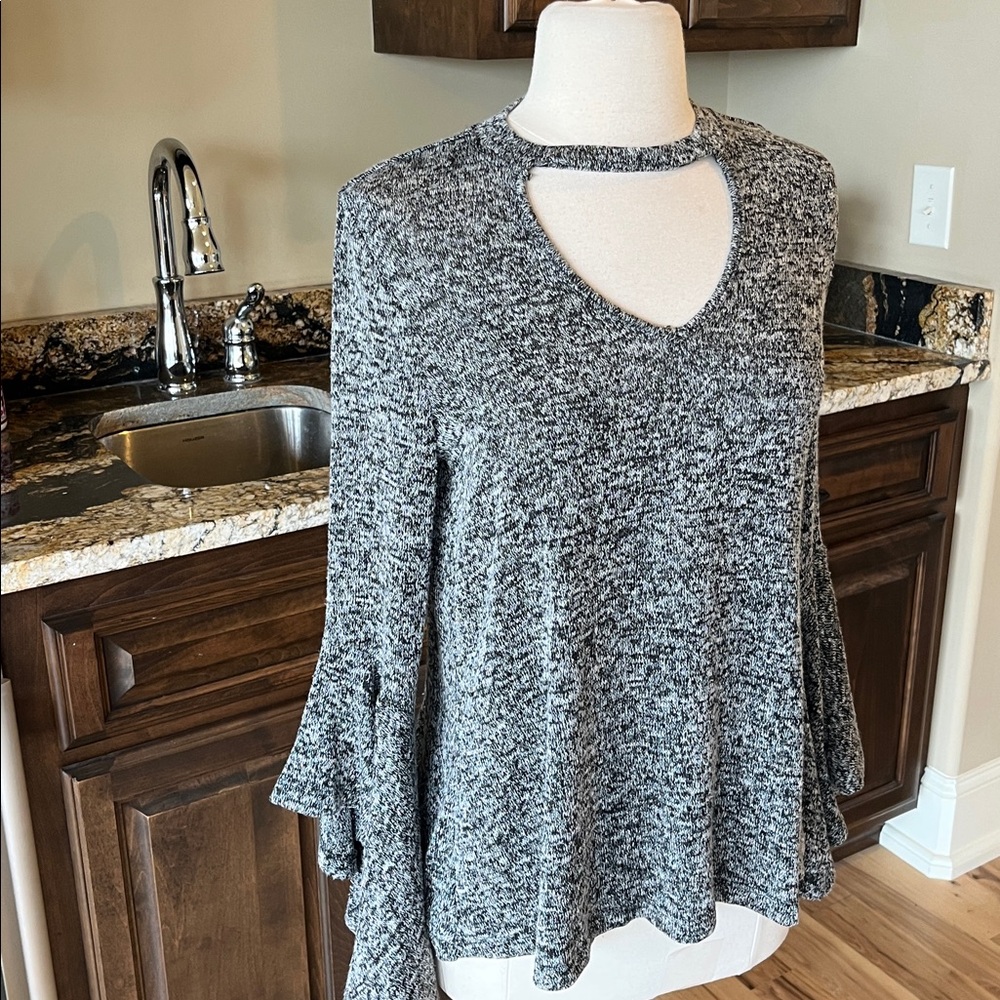 Penelope Project Sweater Heather Black Flowy Bell Waterfall Sleeves Choker Neck